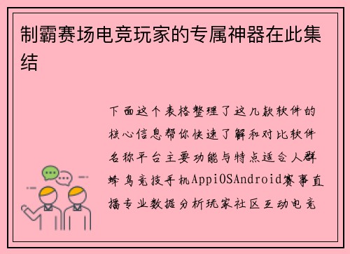 制霸赛场电竞玩家的专属神器在此集结